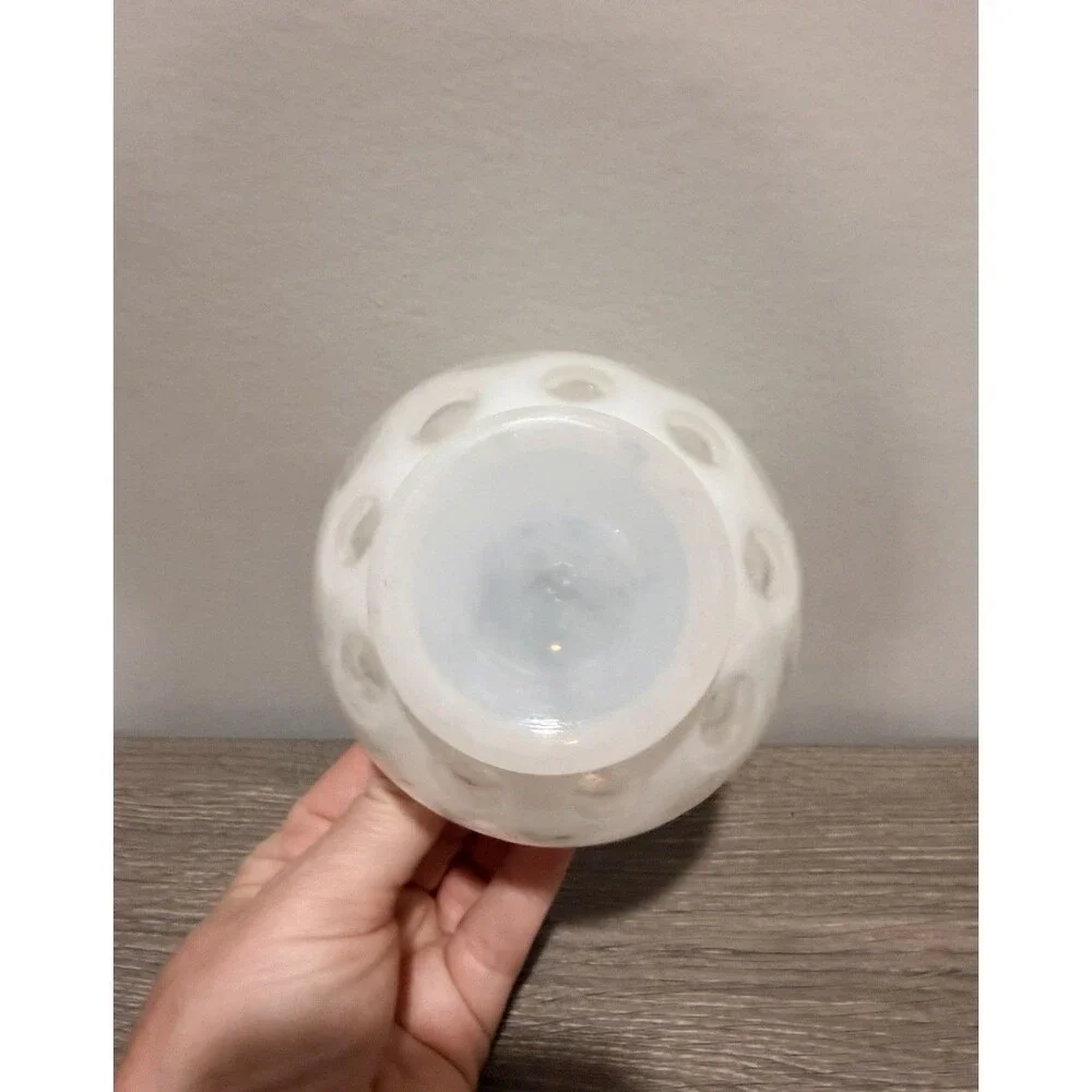 Vintage White Opalescent Coin Dot Glass Vase Ruffled Edge Art Glass Milk Glass